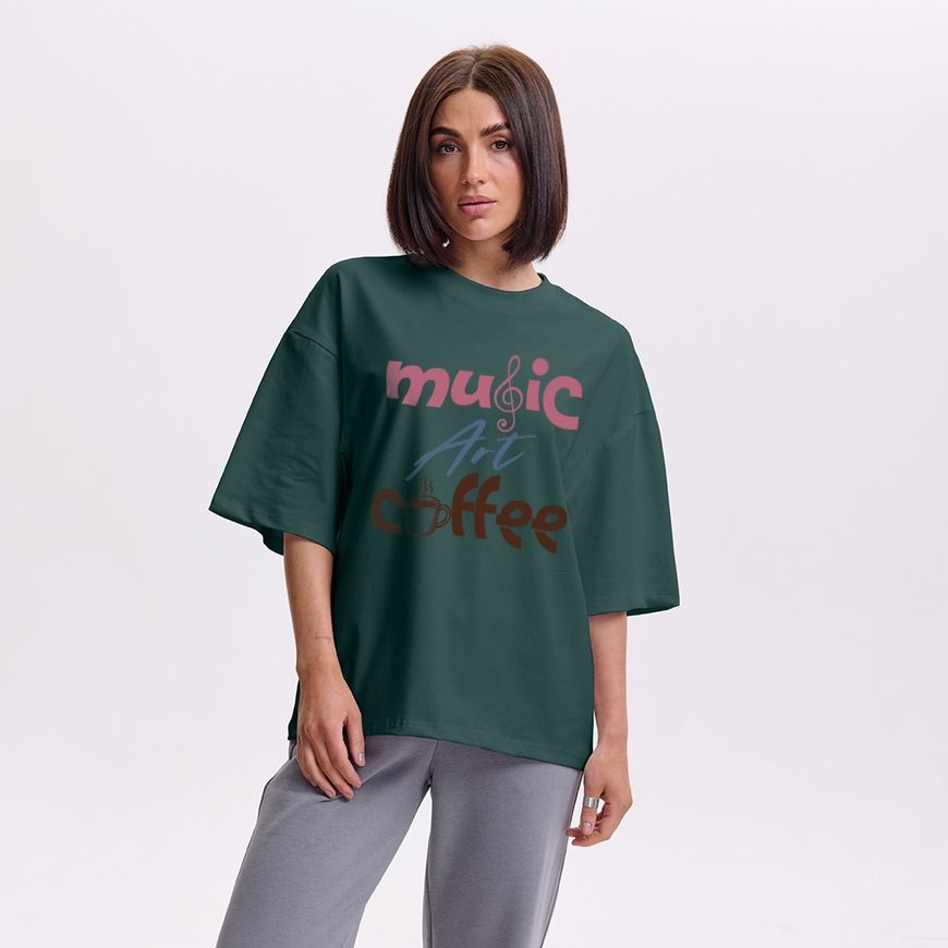 Oversize футболка жіноча з принтом &ldquo;Музика, мистецтво, кава&rdquo; fut_over_zhin_musicartcoffee фото