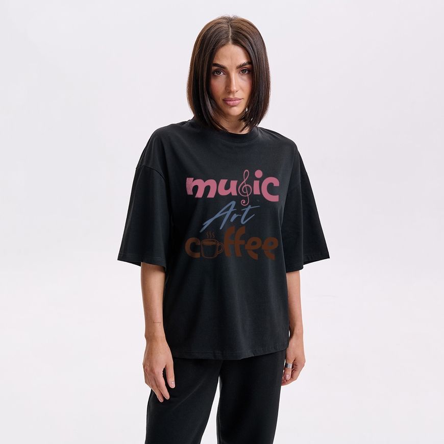 Oversize футболка жіноча з принтом &ldquo;Музика, мистецтво, кава&rdquo; fut_over_zhin_musicartcoffee фото