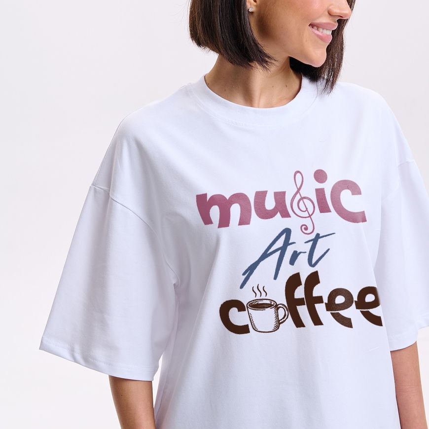 Oversize футболка жіноча з принтом &ldquo;Музика, мистецтво, кава&rdquo; fut_over_zhin_musicartcoffee фото