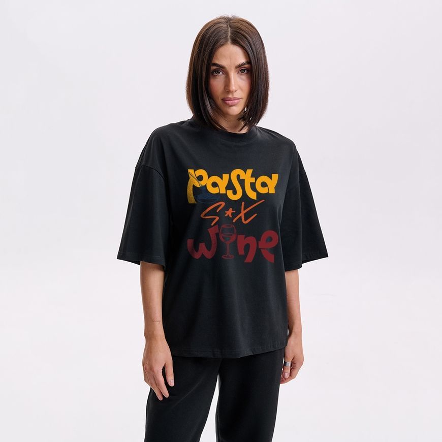 Oversize футболка жіноча з принтом &ldquo;Паста, с*кс, вино&rdquo; fut_over_zhin_pastaexvine фото
