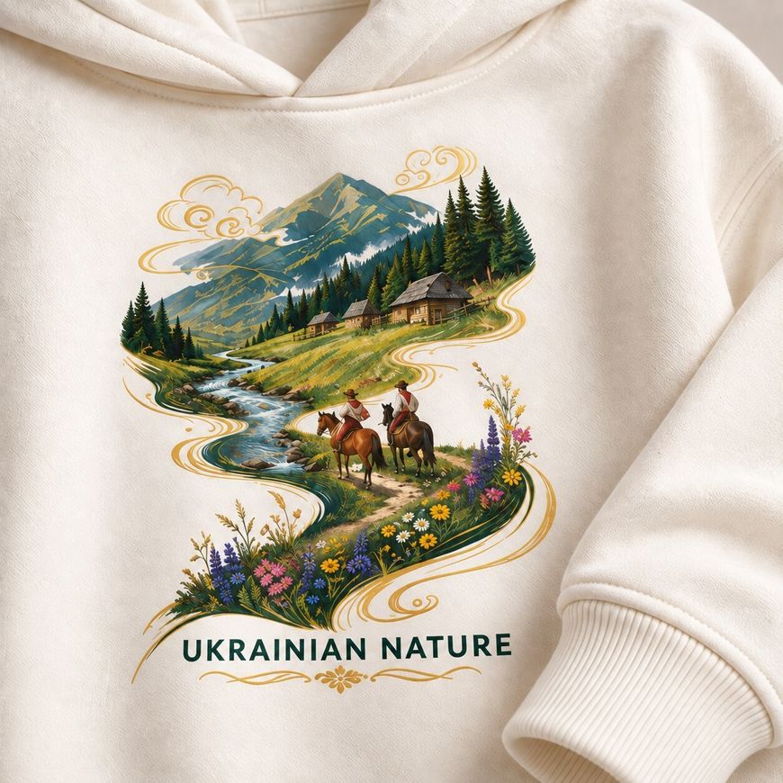 Костюм з принтом "Ukrainian nature". Худі жіноче oversize + штани khudi_over_zhin_dzhohery_ukrainian_nature фото