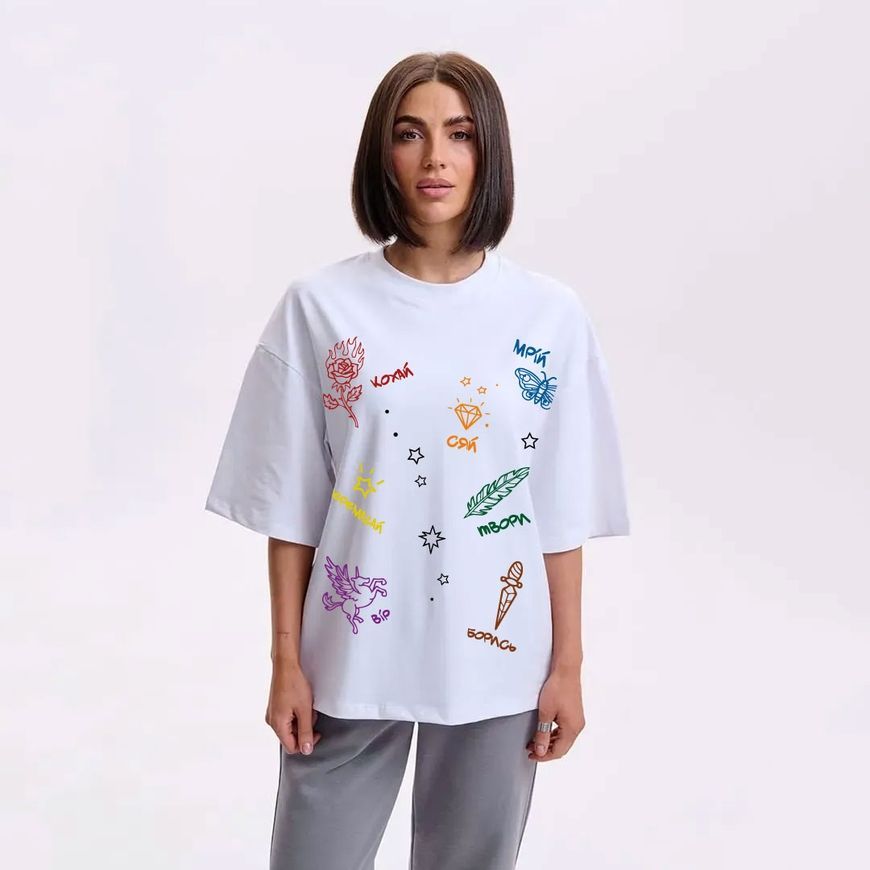 Футболка жіноча oversize з принтом "Кохай, мрій, сяй" rozprodaz_fut_zhin_over_kohaimrii1_biliy фото